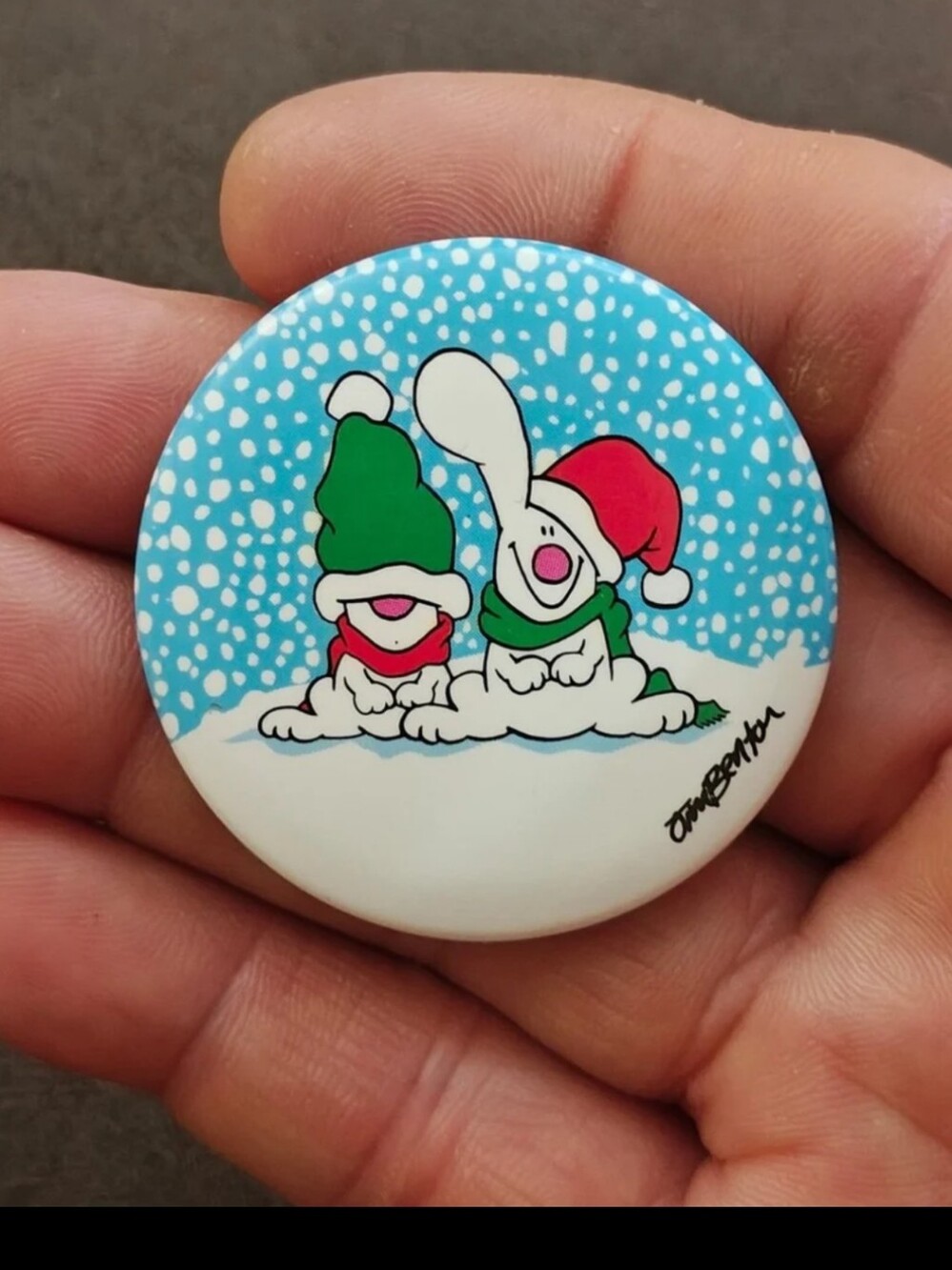 1980s Rare Jim Benton Christmas Pinback/Pinbutton